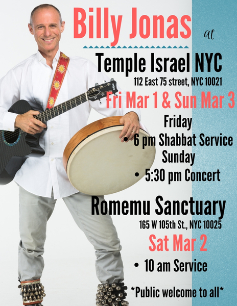 Billy in NYC this weekend nbspTemple Israel fri amp sun amp Romemu Sanctuary sat
